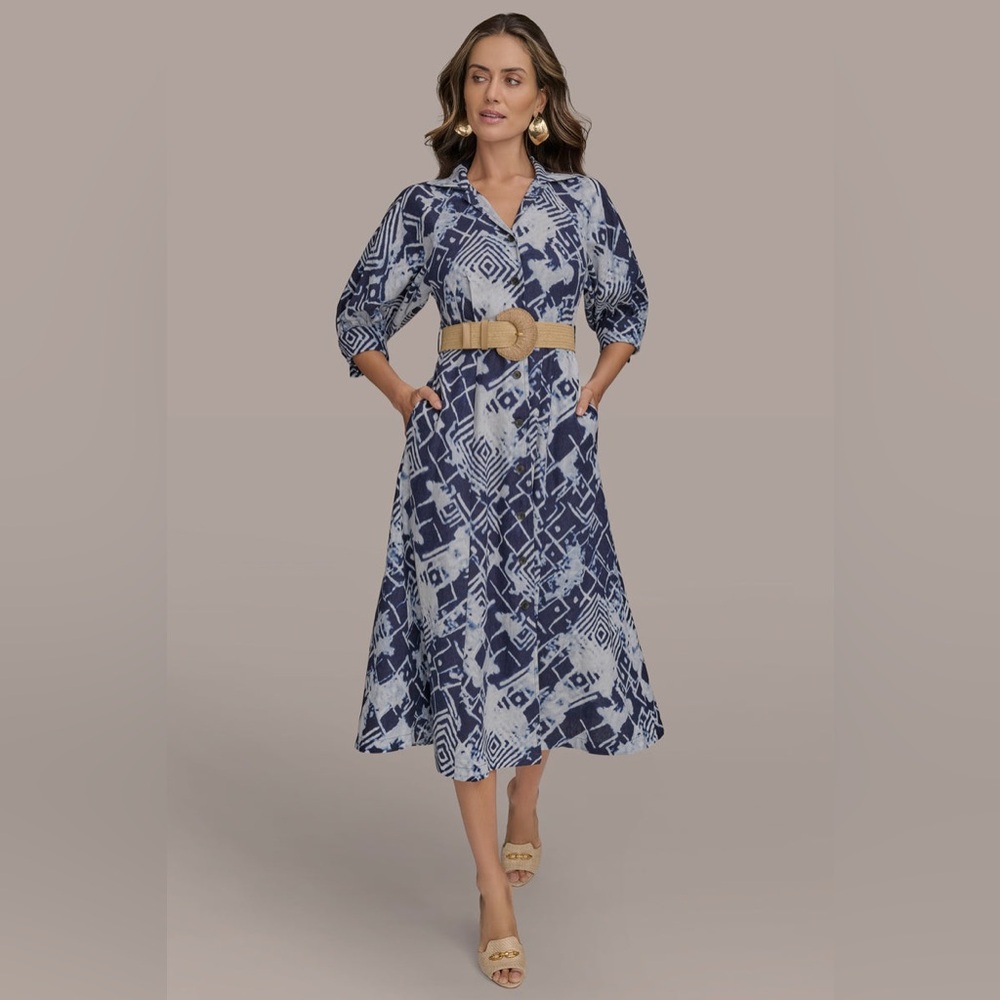 NWT Donna Karan New York LINEN-BLEND PRINTED MIDI SHIRT DRESS Sz 6 - Picture 4 of 16